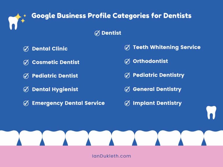 graphic of list of google business profile categories for dentists.