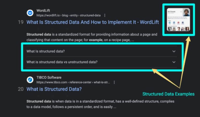 screenshot example of structured data with examples boxed and labeled.